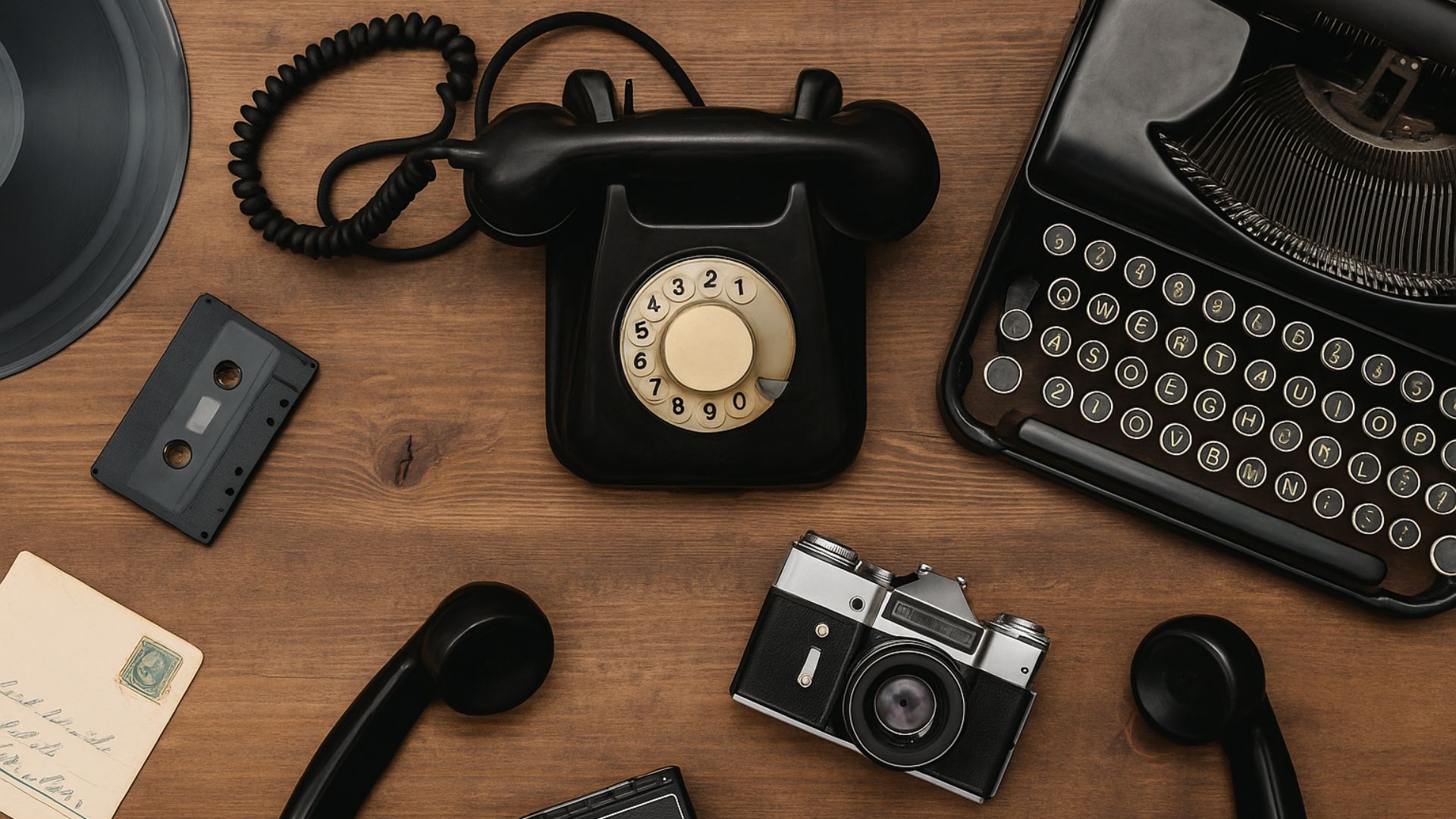 vintage rotary phone, cassette, camera, and typewriter arranged on a wooden table - things grandchildren won't understand about the past
